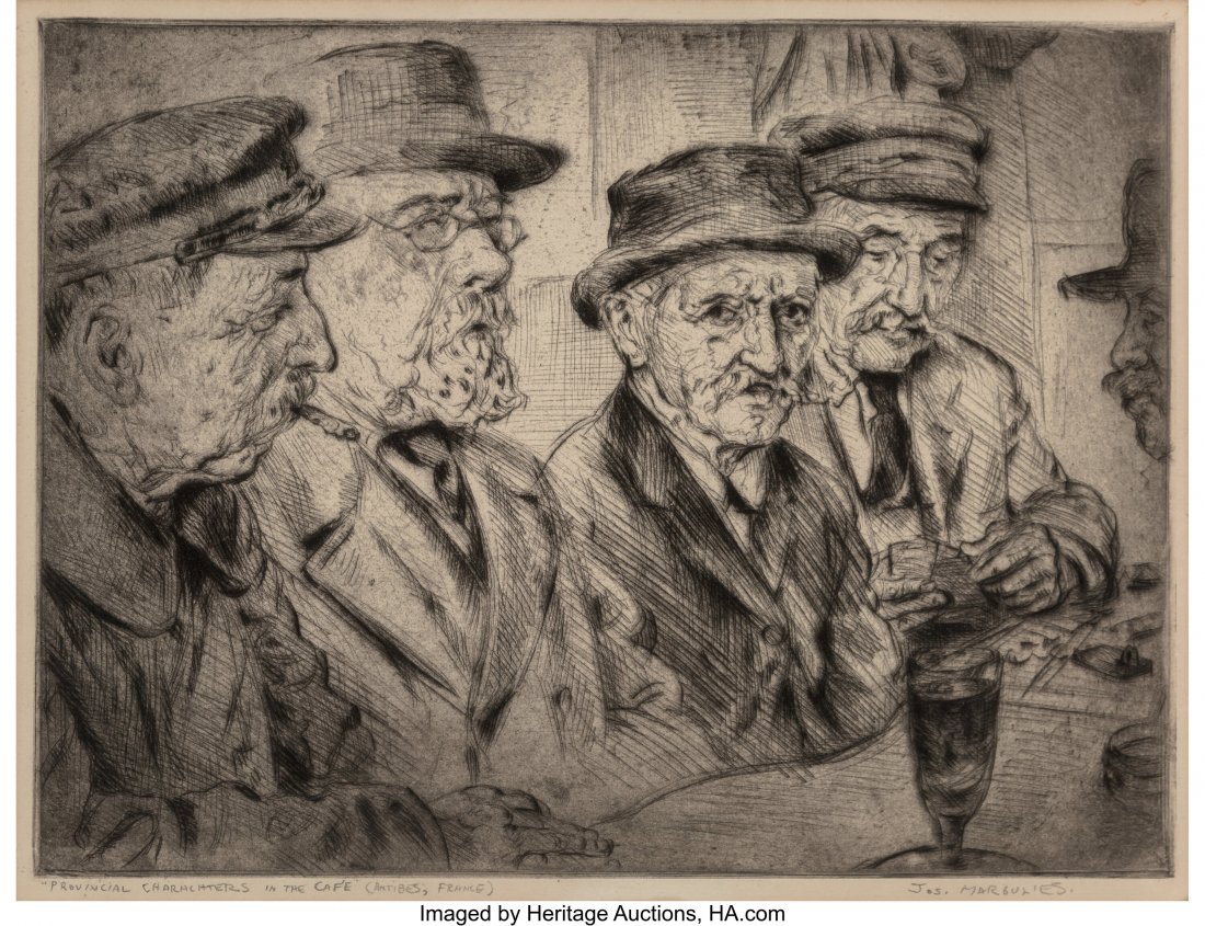 Joseph Margulies (American, 1896-1986) Provincia: Joseph Margulies (American, 1896-1986) Provincial Characters in the Cafe (Antibes, France) Etching on paper 10-5/8 x 14-1/8 inches (27.0 x 35.9 cm) Signed and titled in pencil along lower edge HID0310
