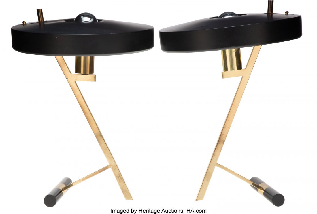 Louis Christiaan Kalff (Dutch, 1897-1976) Pair o: Louis Christiaan Kalff (Dutch, 1897-1976) Pair of Z Table Lamps for Philips, circa 1950-1959 Brass, painted metal 18 x 13 x 13 inches (45.7 x 33.0 x 33.0 cm) (each) Stamped PHILIPS, (cipher) PROPERTY