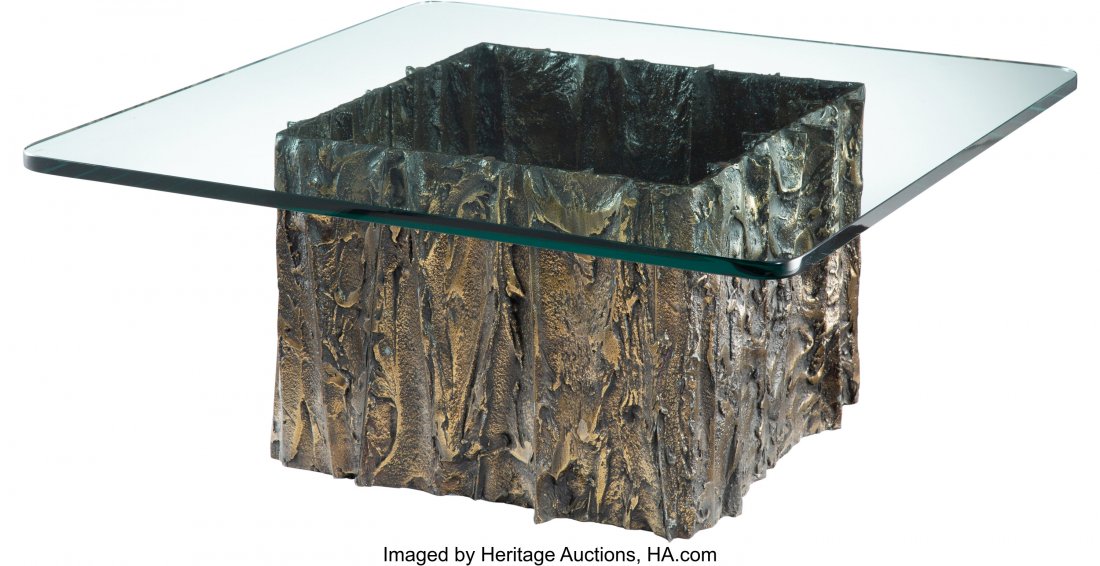 Paul Evans (American , 1931-1987) Unique Coffee : Paul Evans (American , 1931-1987) Unique Coffee Table, circa 1970 Bronzed resin, steel, glass 15-3/4 x 35-3/4 x 35-3/4 inches (40.0 x 90.8 x 90.8 cm) According to Dorsey Reading, this table base was a