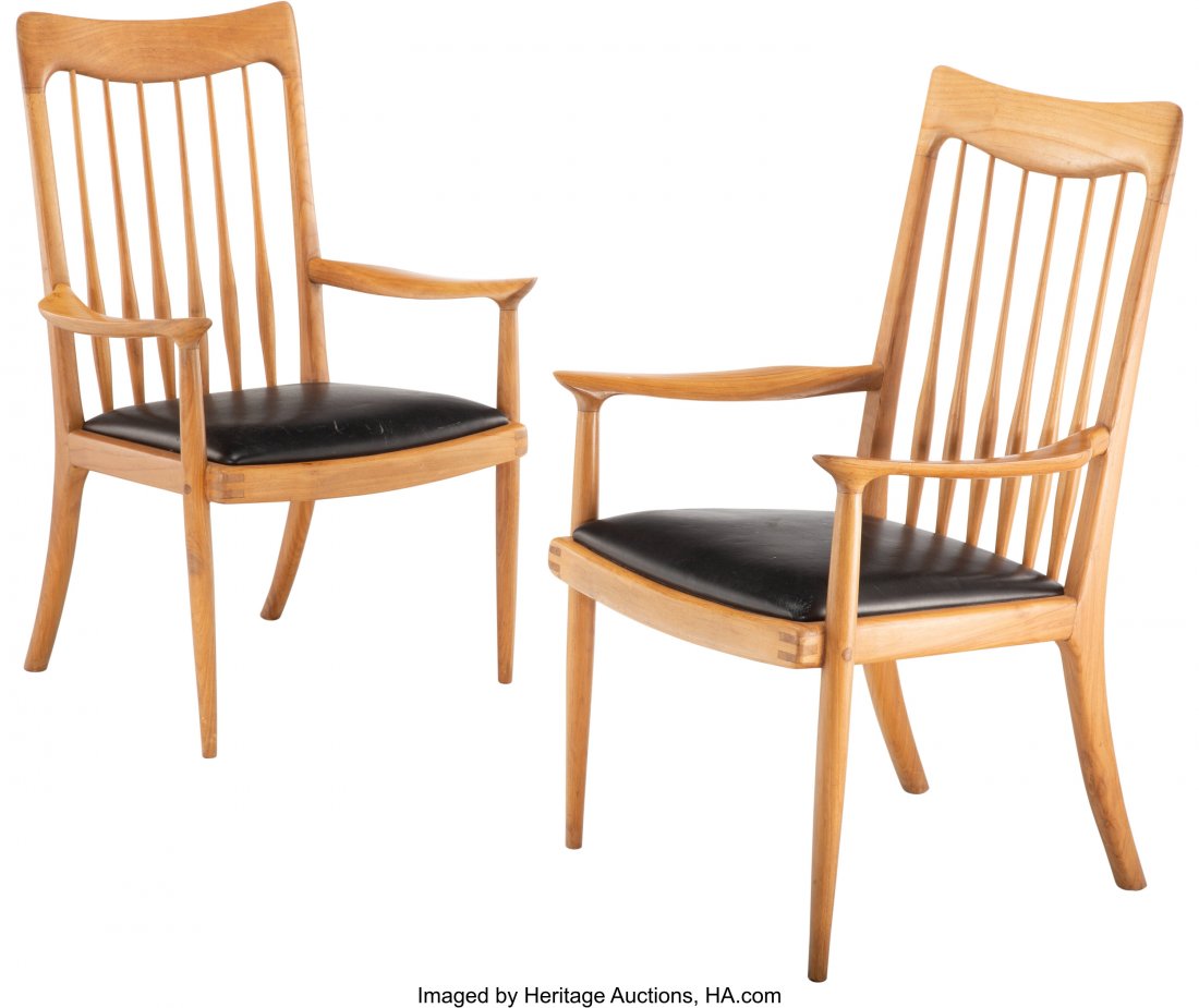John Nyquist (American, b. 1936) Pair of Chairs,: John Nyquist (American, b. 1936) Pair of Chairs, circa 1965 Walnut and leather 39-1/2 x 25-1/2 x 24 inches (100.3 x 64.8 x 61.0 cm) (each) HID03101062020 © 2020 Heritage Auctions | All Rights Res