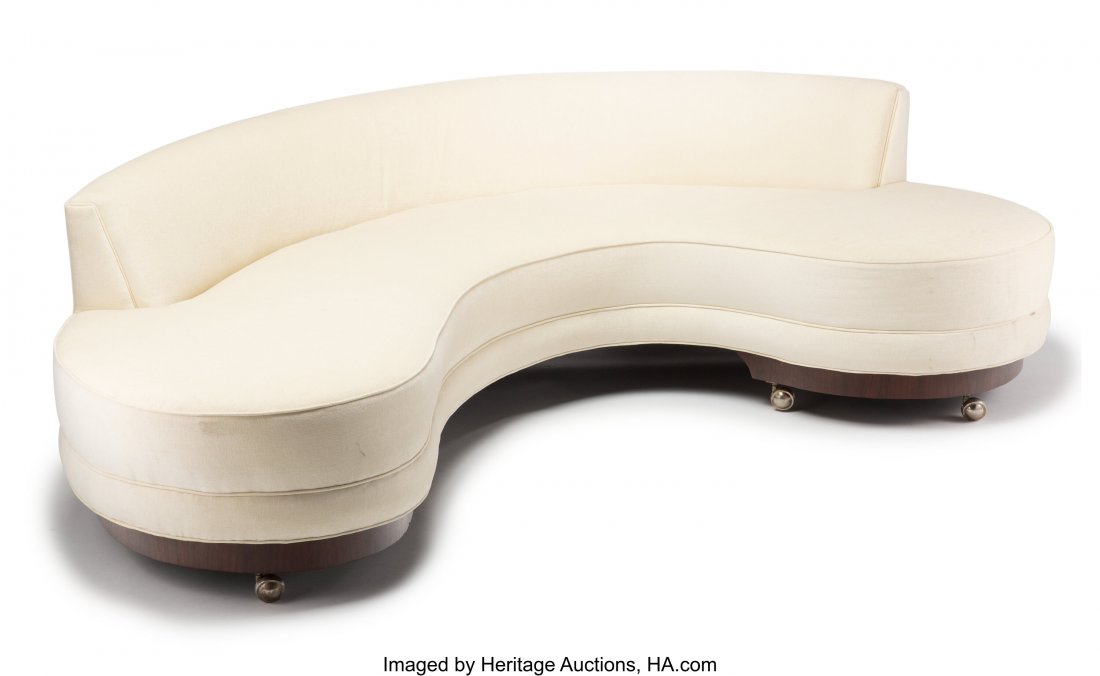 Attributed to Vladimir Kagan (American, 1927-201: Attributed to Vladimir Kagan (American, 1927-2016) Serpentine Sofa, designed circa 1950 Walnut, upholstery, brass 29 x 106-1/2 x 75 inches (73.7 x 270.5 x 190.5 cm) HID03101062020 © 2020 Heritage