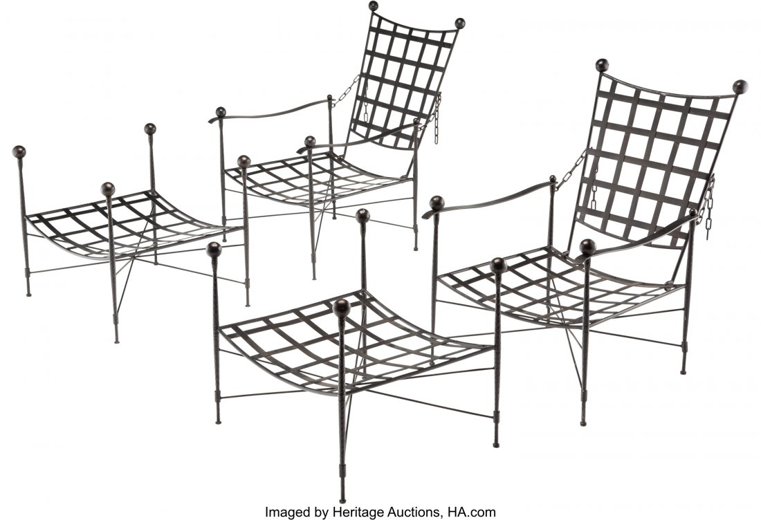 Mario Papperzini (American, 20th century) Pair o: Mario Papperzini (American, 20th century) Pair of Lounge Chairs and Ottomans, circa 1960, John Salterini Iron 36-1/2 x 25-1/4 x 26 inches (92.7 x 64.1 x 66.0 cm) (chairs, each) 22 x 25-1/4 x 22-1/4 in