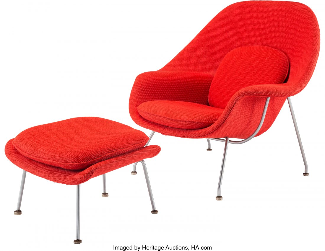 Eero Saarinen (American, 1910-1961) Womb Chair w: Eero Saarinen (American, 1910-1961) Womb Chair with Ottoman, circa 1950, Knoll Fiberglass, molded plywood, steel, upholstery 36 x 39-1/2 x 36 inches (91.4 x 100.3 x 91.4 cm) (chair) 16 x 25-1/2 x 19-1