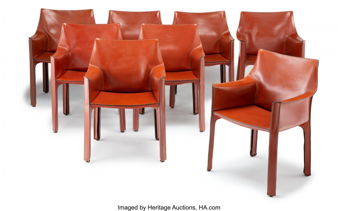 Mario Bellini (Italian, b. 1935) Set of Eight Ca: Mario Bellini (Italian, b. 1935) Set of Eight Cab Chairs, designed 1976, Cassina Steel, leather 31-1/4 x 22-1/4 x 19-1/4 inches (79.4 x 56.5 x 48.9 cm) (each) Molded to underside of each chair Cassina