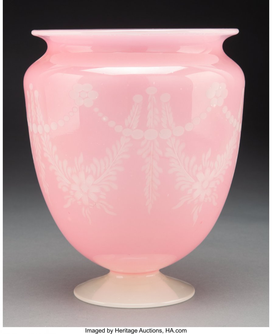 Steuben Rosaline over Alabaster Glass Vase, earl: Steuben Rosaline over Alabaster Glass Vase, early 20th century 9-1/2 inches (24.1 cm) PROPERTY FROM THE COLLECTION OF BIRKS MUSEUM, MILLIKIN UNIVERSITY, DECATUR, ILLINOIS HID03101062020 © 2020 He