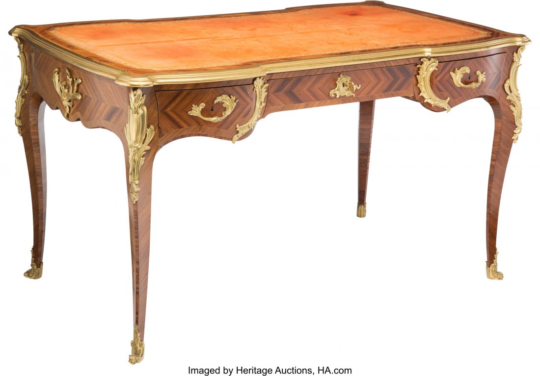 A Paul Sormani Gilt Bronze Mounted Bureau Plat w: A Paul Sormani Gilt Bronze Mounted Bureau Plat with Inset Leather Top, Paris, late 19th century Marks: P. SORMANI, PARIS, 10 r Charlot 29-1/2 x 51-1/2 x 29-1/2 inches (74.9 x 130.8 x 74.9 cm) HID03101