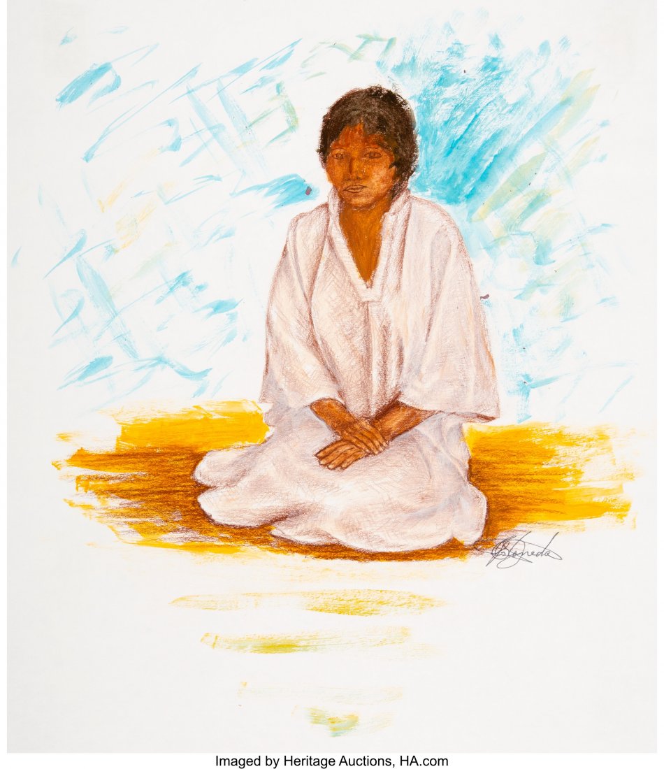 Felipe Castaneda (Mexican, b. 1933) Seated Girl: Felipe Castaneda (Mexican, b. 1933) Seated Girl Mixed media on paper 17-3/4 x 15-1/2 inches (45.1 x 39.4 cm) Stamped signature lower right: FCastaneda Sold by the Los Angeles County Museum of Art to b