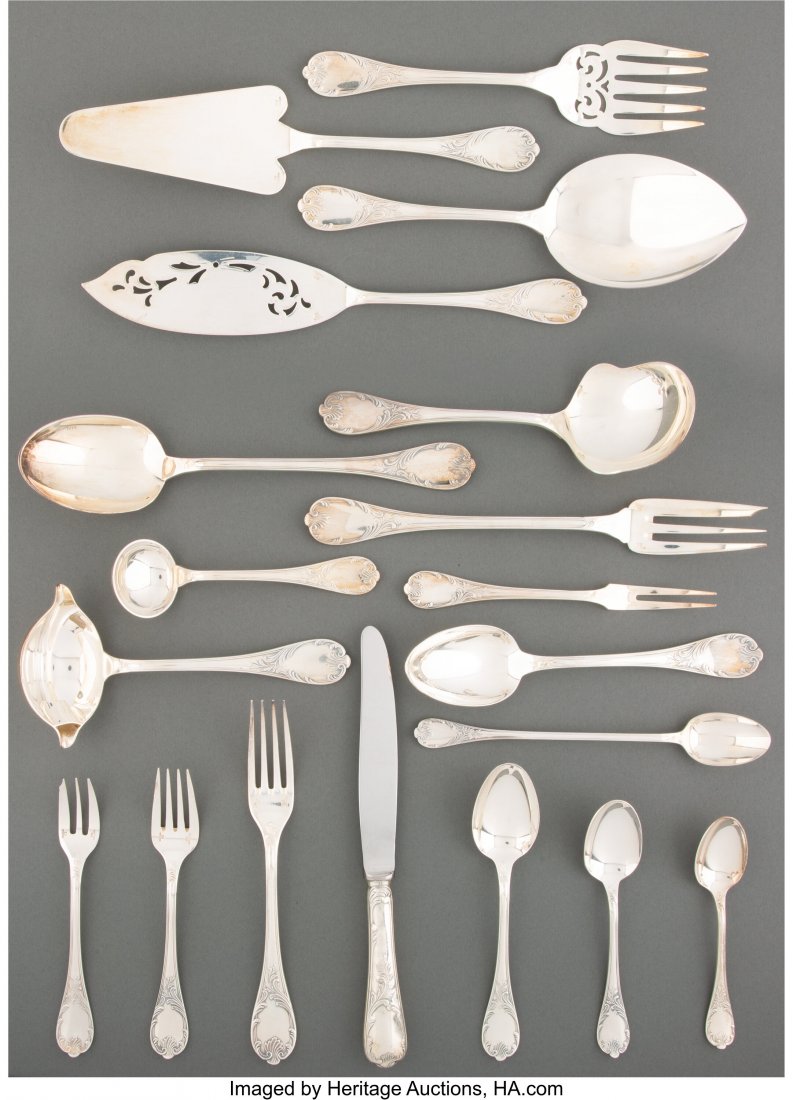 A One Hundred-Piece Christofle Silver-Plated Mar: A One Hundred-Piece Christofle Silver-Plated Marly Flatware Service for Twelve, 20th century Marks: (O-scales-C), CHRISTOFLE, (I-OC-knight), FRANCE 11 inches (27.9 cm) (longest, fish serving knife) Th