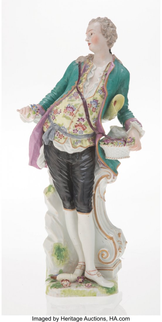 A Meissen Gardener Porcelain Figure, 18th centur: A Meissen Gardener Porcelain Figure, 18th century Marks: (crossed swords-dot) 15-1/4 x 7-1/4 x 5-1/2 inches (38.7 x 18.4 x 14.0 cm) HID03101062020 © 2020 Heritage Auctions | All Rights Reserved