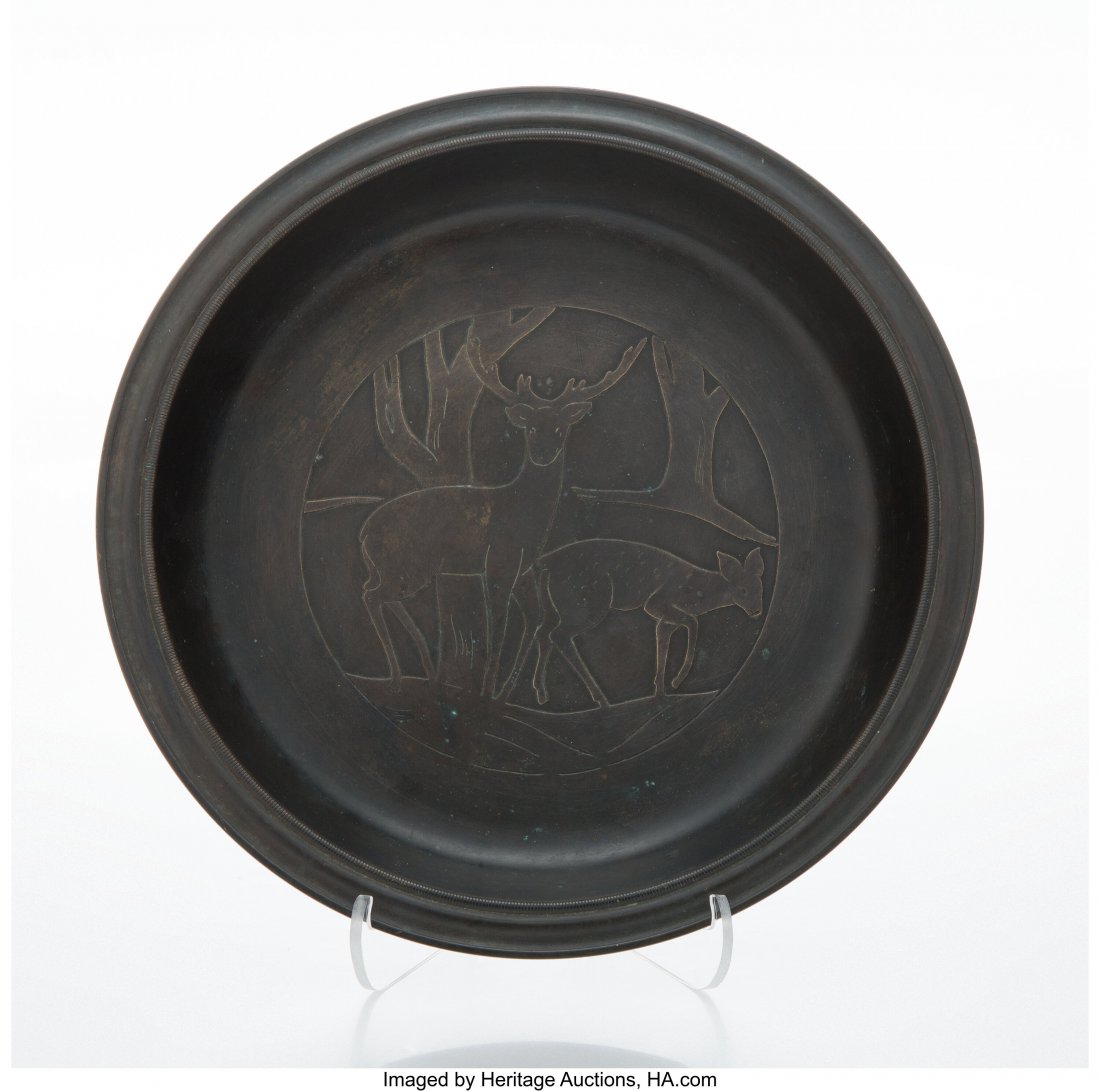 Just Andersen (Danish, 1884-1943) Deer Plate, 19: Just Andersen (Danish, 1884-1943) Deer Plate, 1943 Metal 1-3/4 x 8-5/8 x 8-5/8 inches (4.4 x 21.9 x 21.9 cm) Signed and dated to underside 10-9-43, (triangle-JUST), B 51, DENMARK HID03101062020 ©