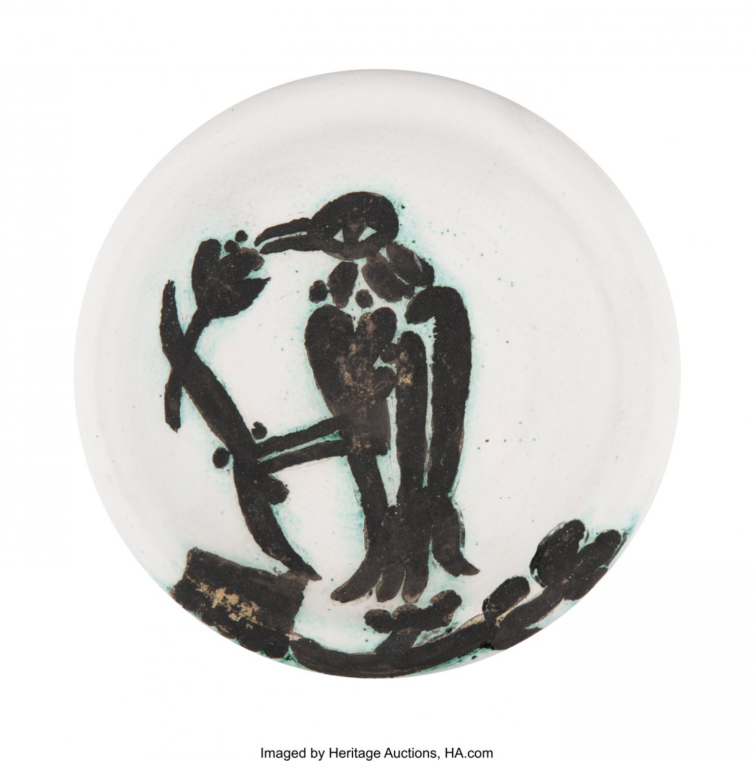 Pablo Picasso (1881-1973) Oiseau sur la branche,: Pablo Picasso (1881-1973) Oiseau sur la branche, 1952 White earthenware ceramic with hand painting and glazing 6 inches (15.2 cm) diameter Edition of 500 Incised 'Edition Picasso' on the underside, wi