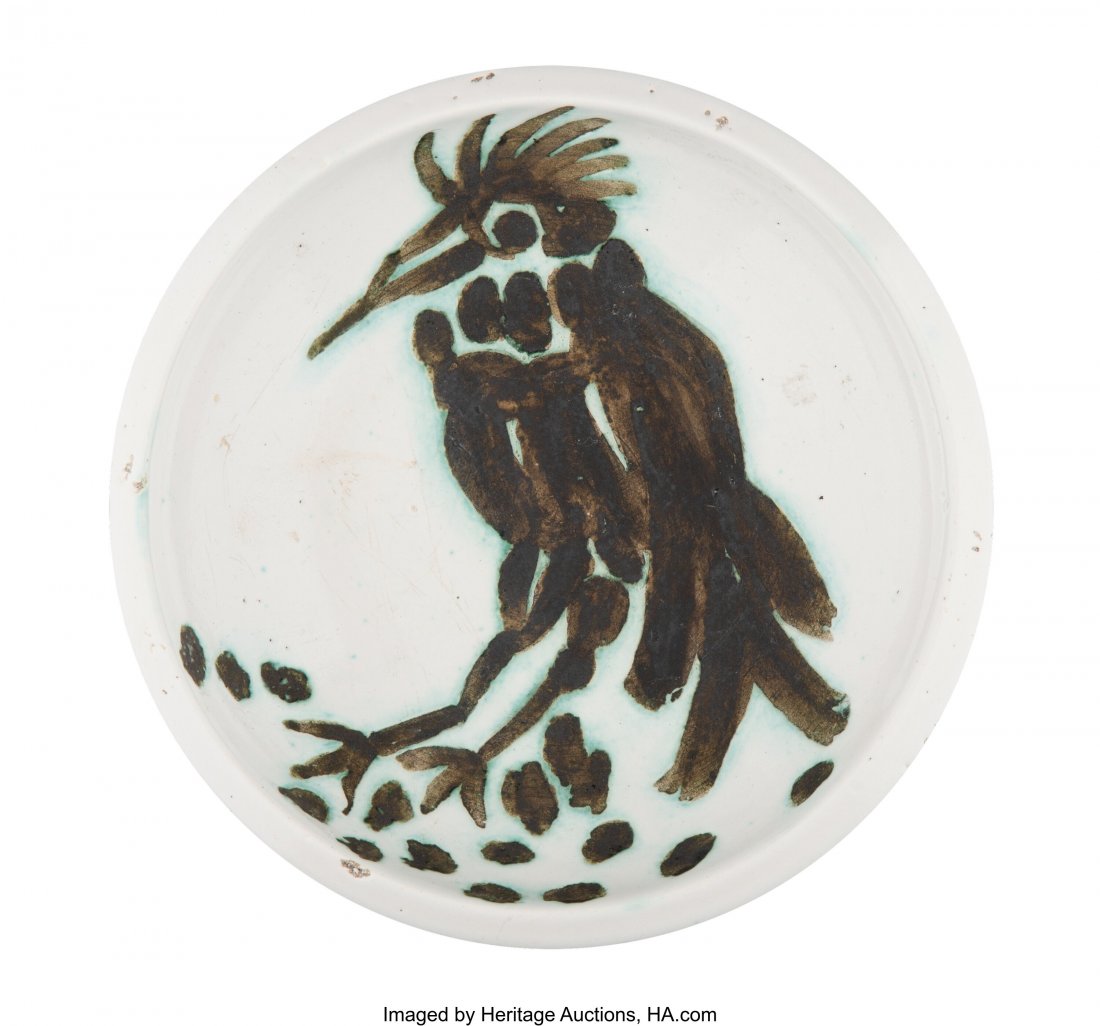 Pablo Picasso (1881-1973) Oiseau à la hup: Pablo Picasso (1881-1973) Oiseau à la huppe, 1952 White earthenware ceramic with black oxide and white glaze 6-3/4 inches (17.1 cm) diameter Edition of 500 Incised on the underside 'Edition Pic