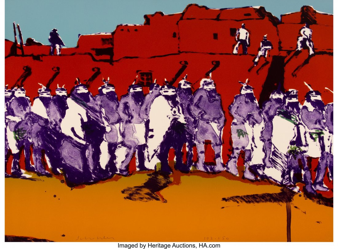 Fritz Scholder (1937-2005) Dancers at Zuni, 1978: Fritz Scholder (1937-2005) Dancers at Zuni, 1978 Lithograph in colors on wove paper 22-1/4 x 30 inches (56.5 x 76.2 cm) (sheet) Ed. 102/150 Signed and numbered in pencil along lower edge Published by 