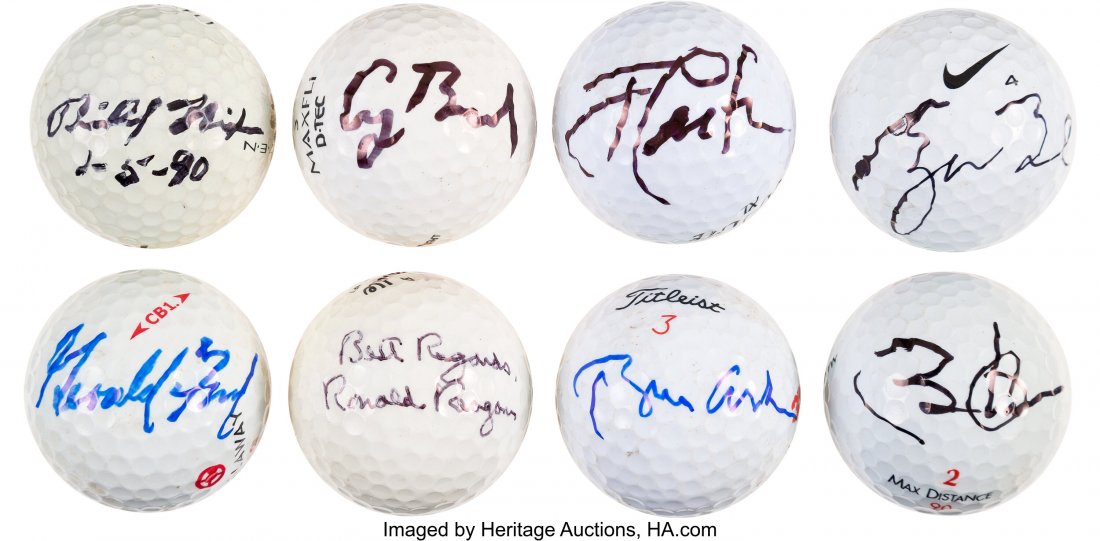 Richard Nixon et al: Collection of Presidential-: Richard Nixon et al: Collection of Presidential-Signed Golf Balls. The signatories include: Richard Nixon (dated February 5, 1990), Gerald Ford, Ronald Reagan, Jimmy Carter, George H. W. Bush, Bill Cl