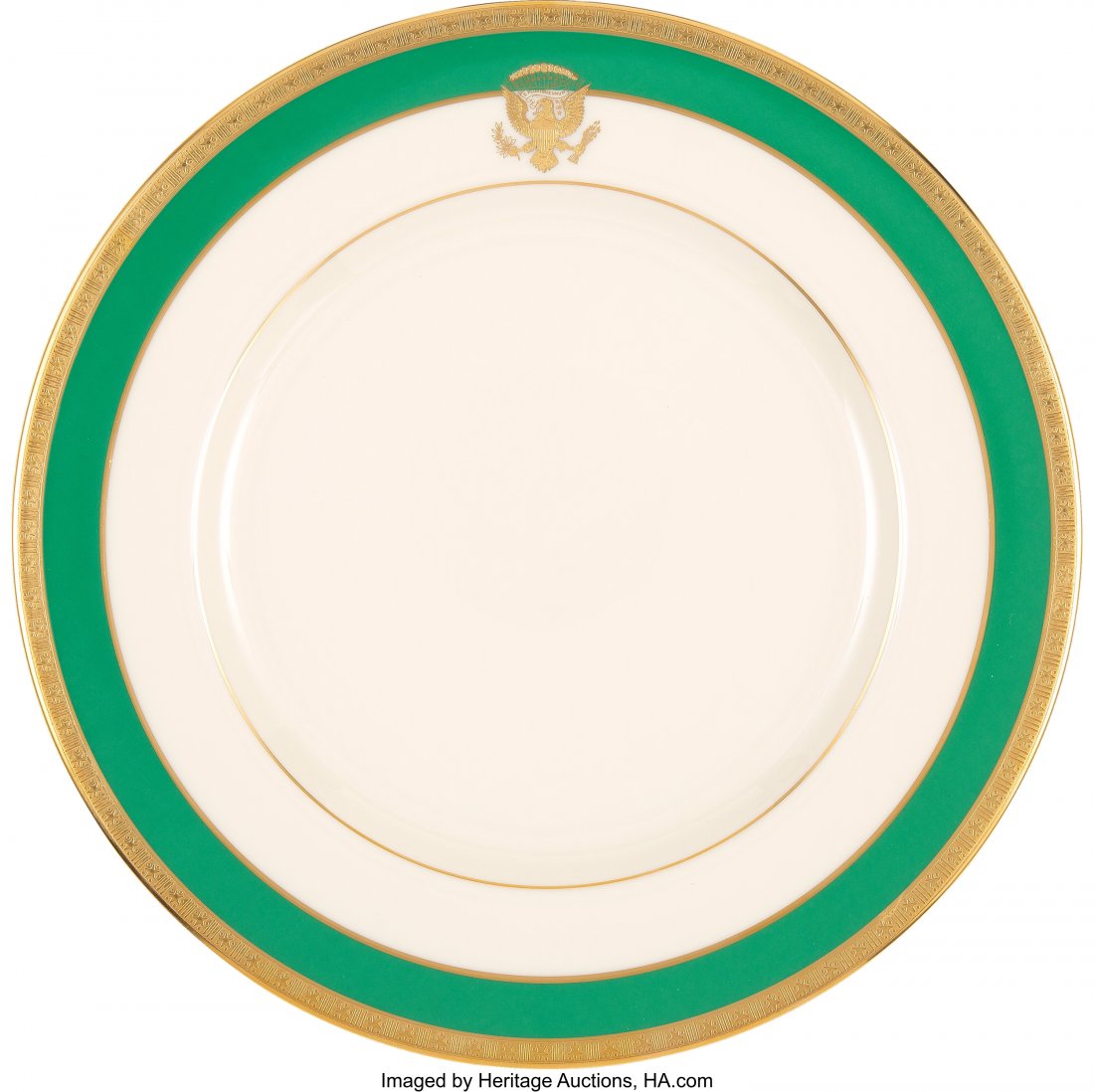 Jimmy Carter: White House China Dinner Plate. Be: Jimmy Carter: White House China Dinner Plate. Beautiful Lenox china dinner plate made for the Carter White House, with an emerald-jade color known as ''Carter green'' accenting an ivory center and thr