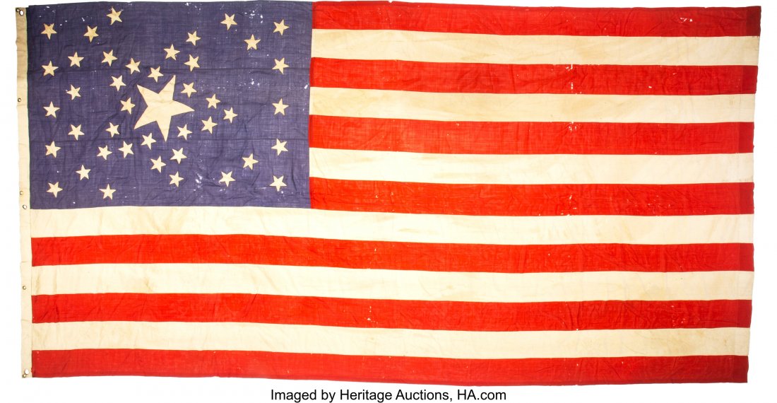 42-Star Garrison Flag Originally with 39 Stars. : 42-Star Garrison Flag Originally with 39 Stars. 196" x 100" [approximately 16' x 8'] wool flag with canvas hoist. The canton has a "Great Star" pattern with one large star within a five-pointed star. 
