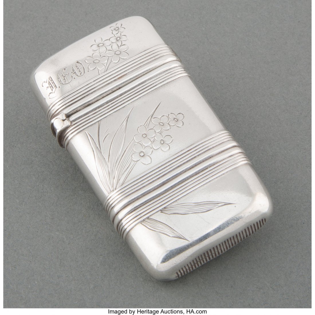 A Gorham Mfg. Co. Silver Match Safe, Providence,: A Gorham Mfg. Co. Silver Match Safe, Providence, Rhode Island, 1852-1865 Marks: (lion-anchor-G), STERLING, 210 2-5/8 x 1-1/2 inches (6.7 x 3.8 cm) 1.09 troy ounces Property from the Estate of John O. 