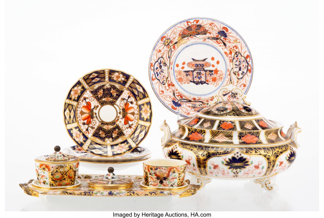A Group of Five Royal Crown Derby Old Imari Patt: A Group of Five Royal Crown Derby Old Imari Pattern Partial Gilt Porcelain Articles, early 19th century and later Marks: (various) 6-1/2 x 9 x 8-1/2 inches (16.5 x 22.9 x 21.6 cm) (largest, tureen) Th