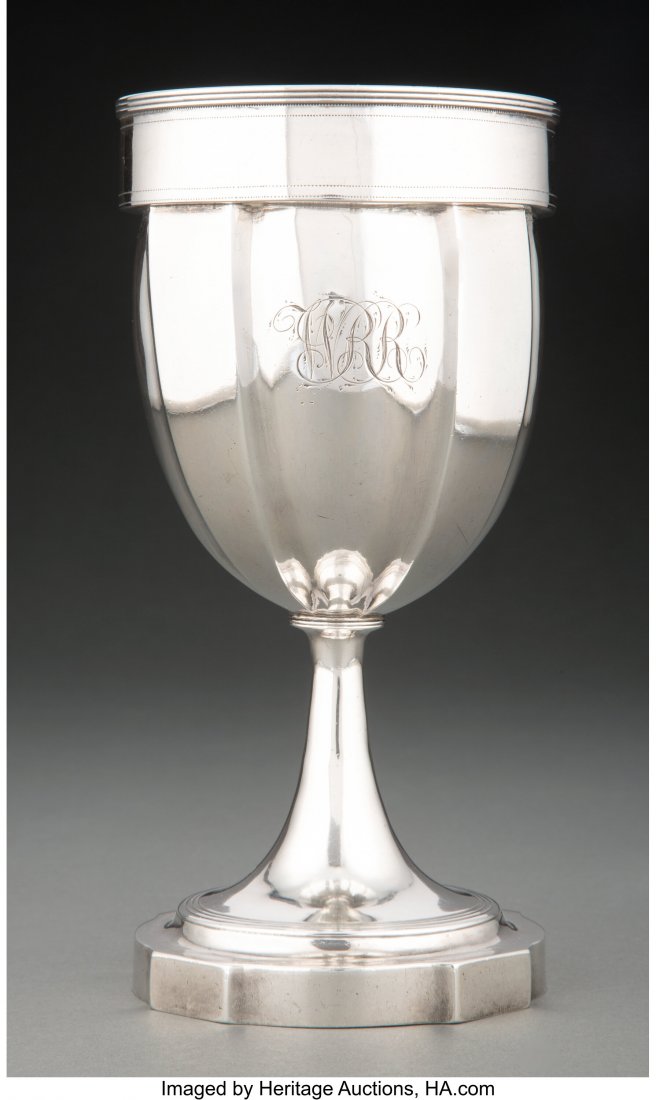 A Joseph Lownes Coin Silver Chalice, Philadelphi: A Joseph Lownes Coin Silver Chalice, Philadelphia, Pennsylvania, circa 1800 Marks: J. Lownes overstruck with W. GETHEN 7-1/2 x 3-3/4 inches (19.1 x 9.5 cm) 13.67 troy ounces Monogrammed WRR to body. H