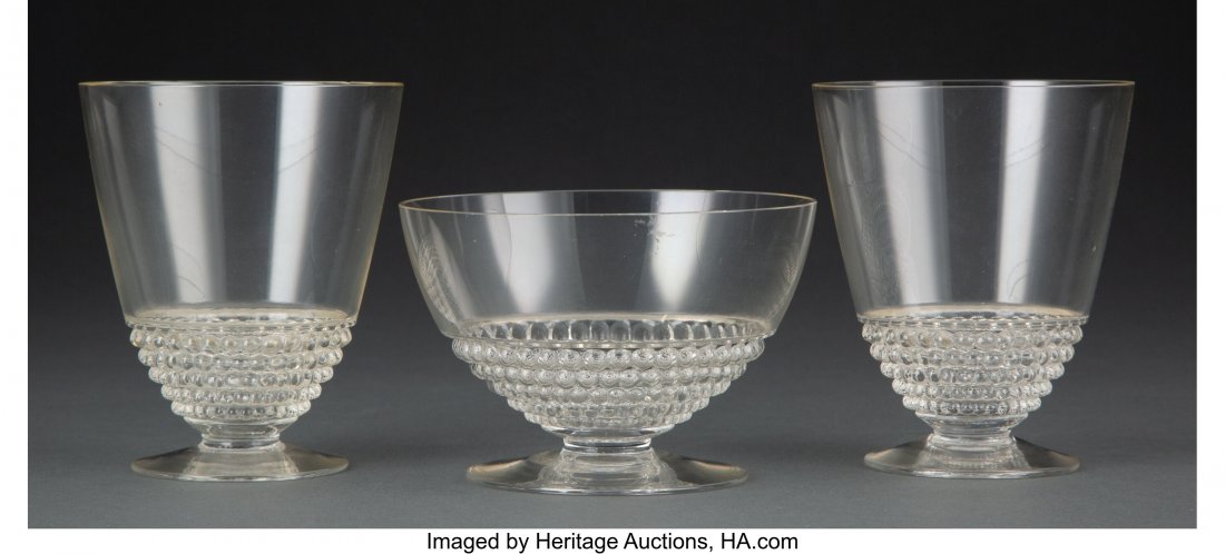 Three-Piece R. Lalique Clear Glass Nippon Partia: Three-Piece R. Lalique Clear Glass Nippon Partial Service, France, circa 1930 Marks: R. LALIQUE 3-5/8 inches (9.2 cm) (tallest, Verre à bordeaux nº 3). M. p. 846, no. 3767, 5242. The parti