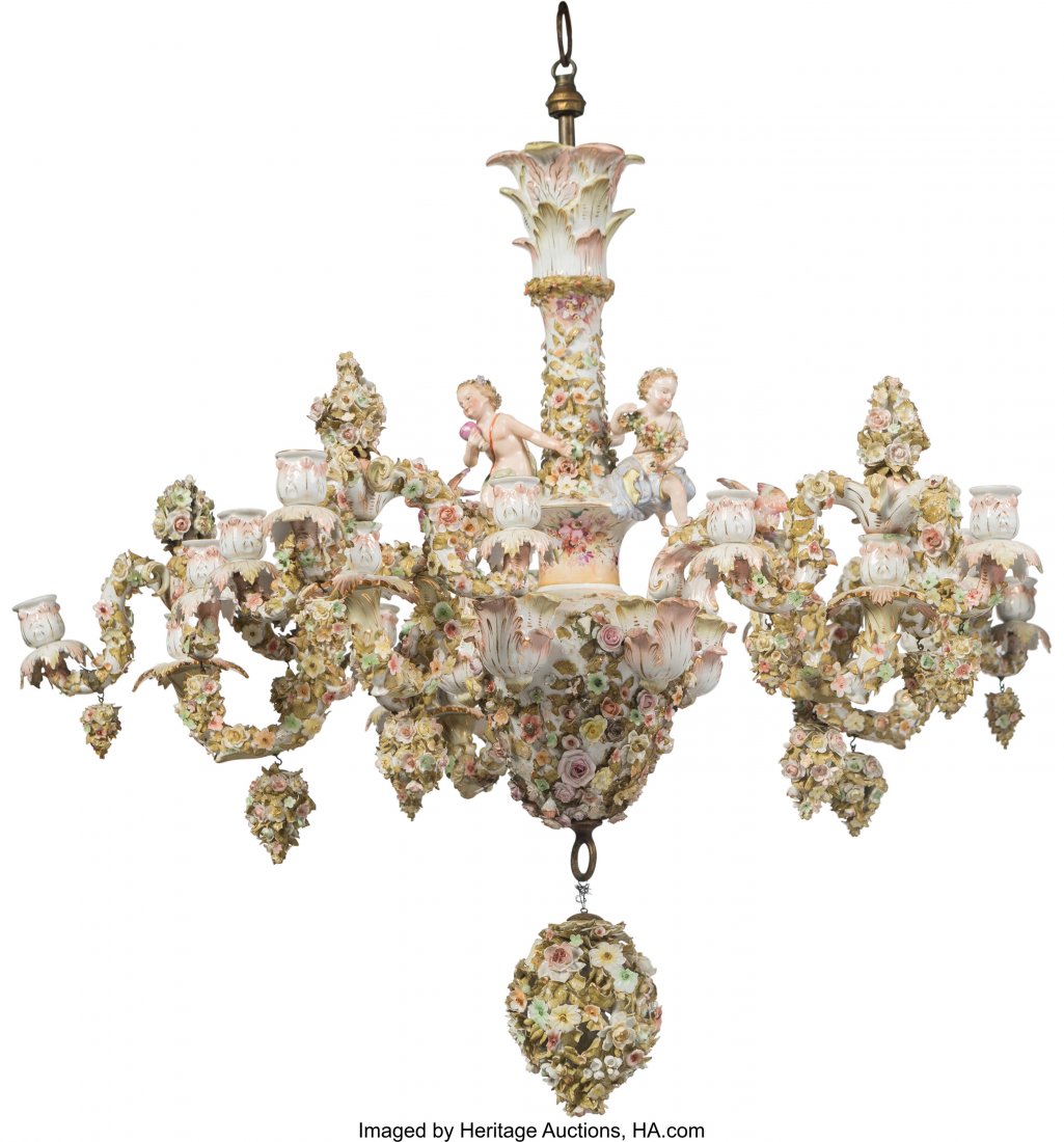 A Continental Meissen-Style Polychromed Porcelai: A Continental Meissen-Style Polychromed Porcelain Fifteen-Light Chandelier, 18th century Marks: 83., J. 29 x 32 x 32 inches (73.7 x 81.3 x 81.3 cm) PROPERTY FROM A NORTH DALLAS ESTATE HID03101062020 &