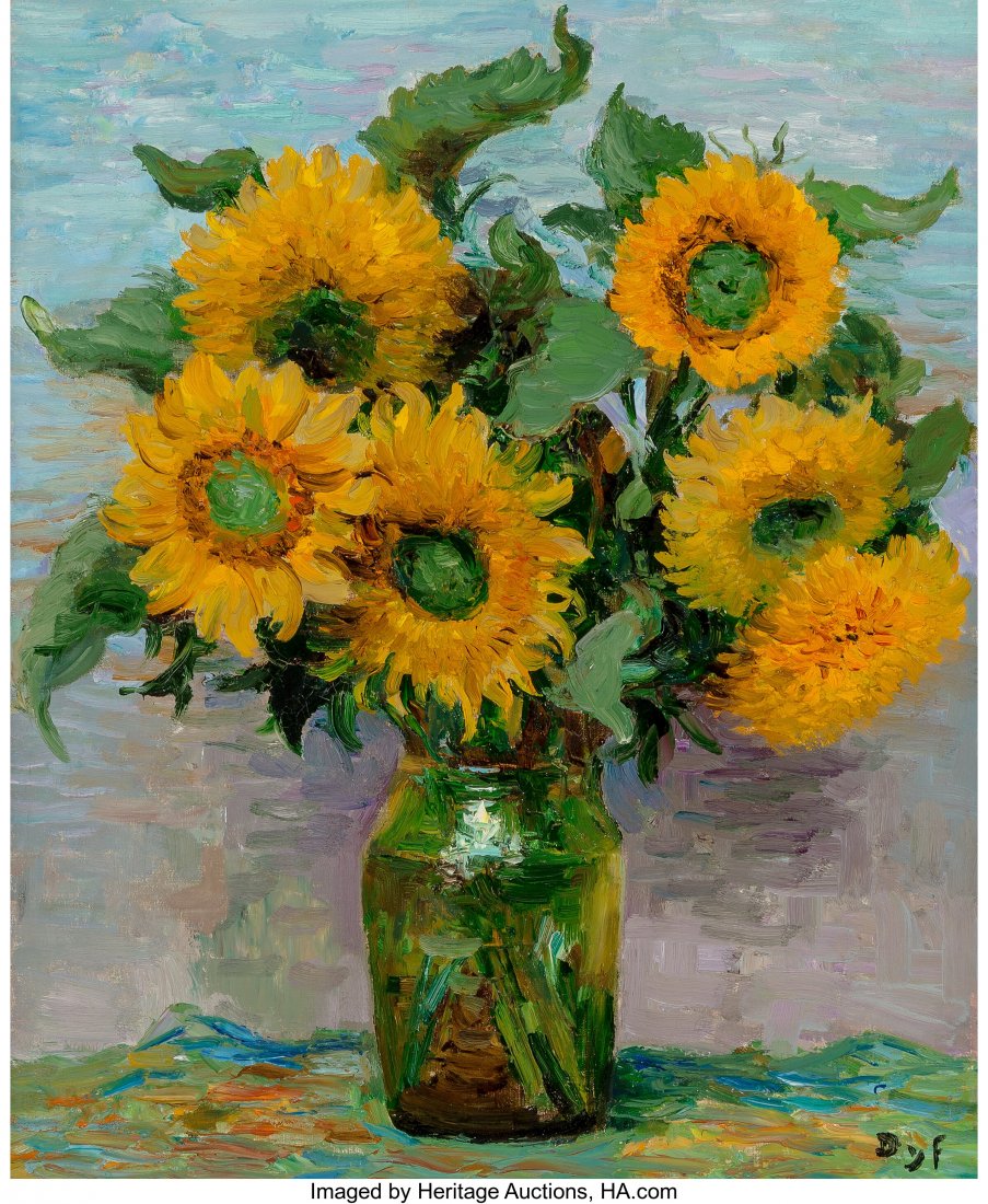 Marcel Dyf (French, 1899-1985) Tournesols (Sunfl: Marcel Dyf (French, 1899-1985) Tournesols (Sunflowers), 1974 Oil on canvas 28-1/2 x 23-1/2 inches (72.4 x 59.7 cm) Signed lower right: Dyf Signed and inscribed on the reverse: Le Tableau a él&e
