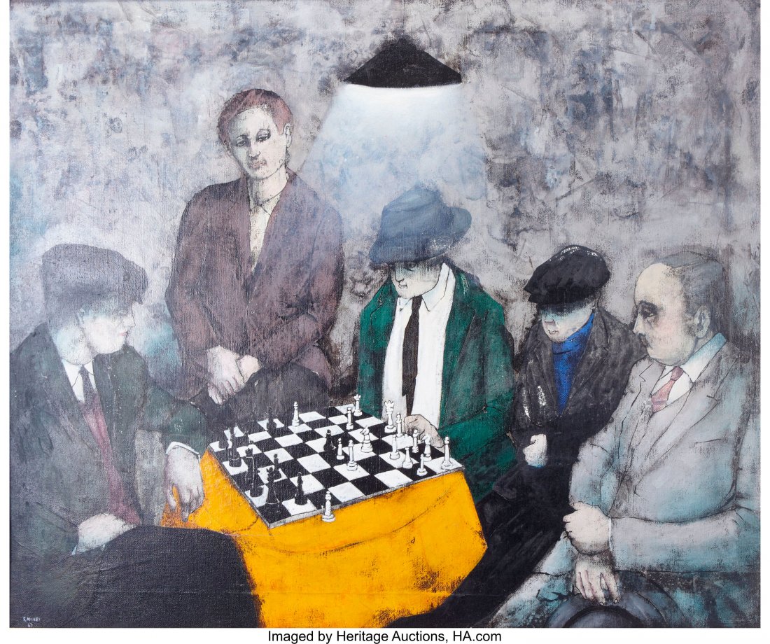 FRANCO MINEI (Italian, b. 1922) Chess Game, 1967: FRANCO MINEI (Italian, b. 1922) Chess Game, 1967 Oil on canvas 25-1/2 x 29-1/2 inches (64.8 x 74.9 cm) Signed and dated lower left: F. Minei / 67 Titled on an old exhibition label verso HID03101062020