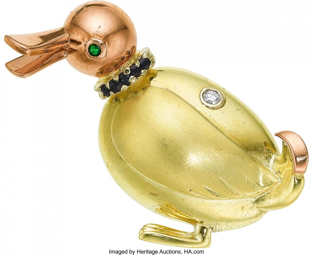 Retro Diamond, Sapphire, Emerald, Gold Brooch  T (1 of 1)