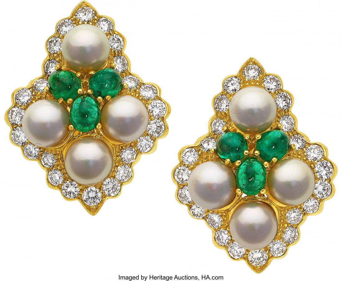 Diamond, Emerald, Cultured Pearl, Gold Earrings, (1 of 1)
