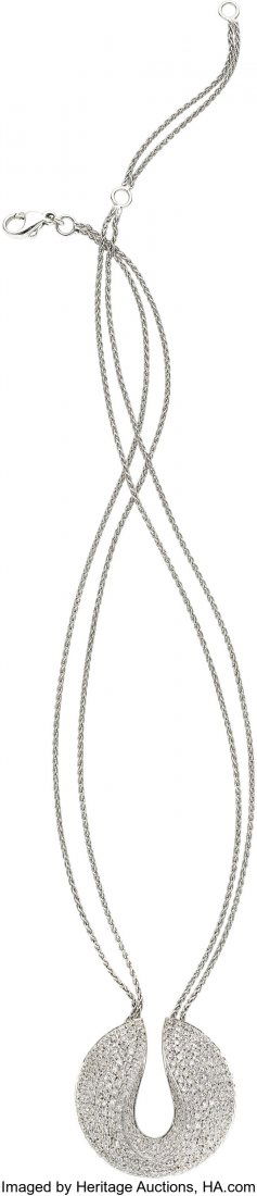 Diamond, White Gold Necklace, Antonini The pend: Diamond, White Gold Necklace, Antonini The pendant features full-cut diamonds weighing a total of approximately 3.20 carats, set in 18k white gold, marked Antonini. Gross weight 29.63 grams. Centerpie