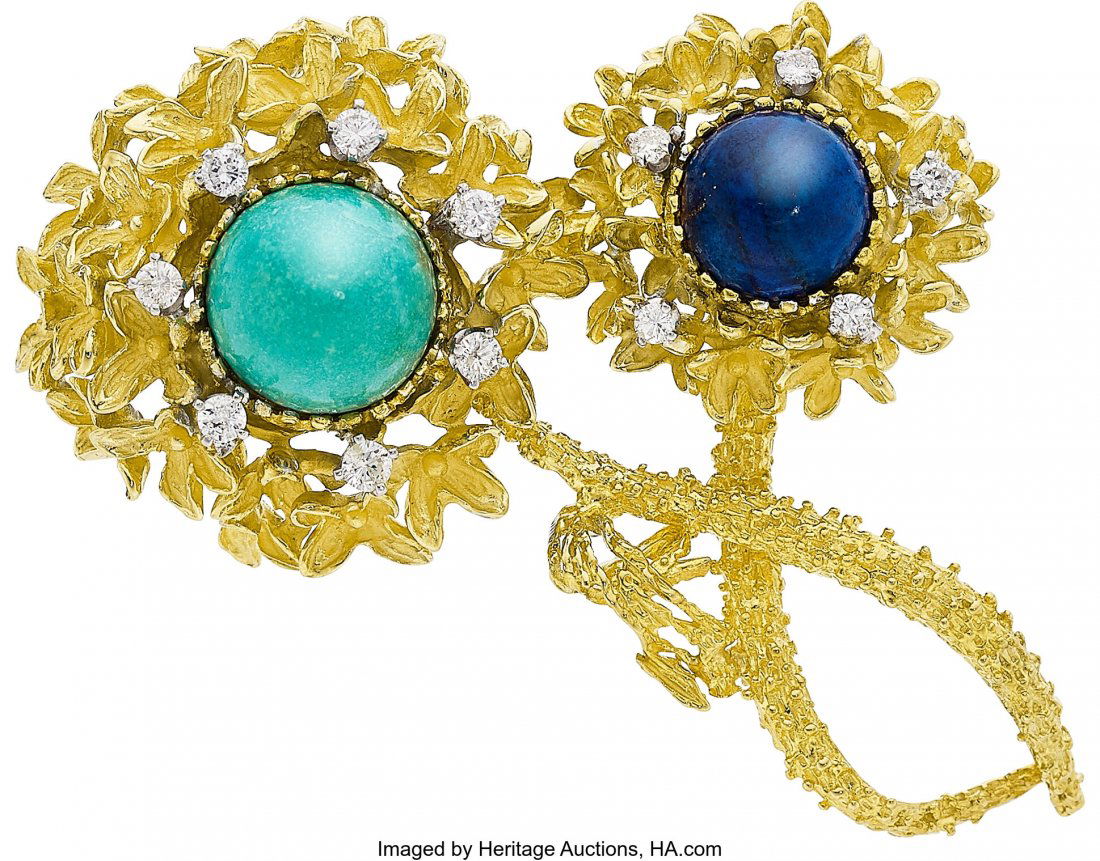 Diamond, Turquoise, Lapis Lazuli, Gold Brooch, L (1 of 2)
