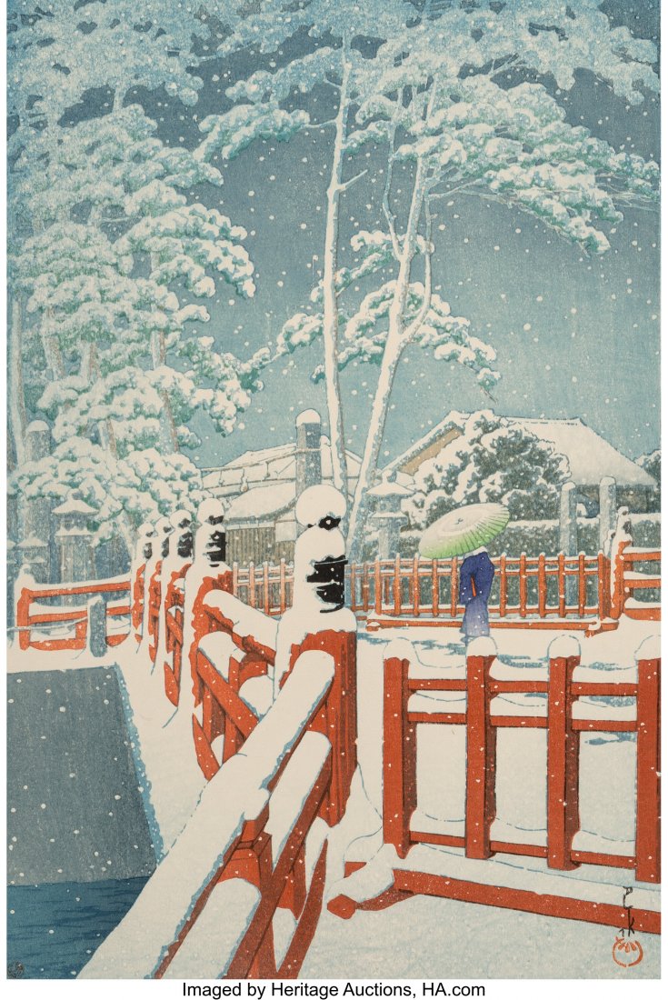 Hasui Kawase (Japanese, 1883-1957) Snow at Yagum: Hasui Kawase (Japanese, 1883-1957) Snow at Yagumobashi Bridge, Nagata Woodblock on paper 15-1/2 x 10-1/2 inches (39.4 x 26.7 cm) Signed and with two seals Inscription in blue to left margin Published 