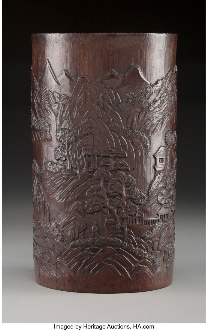 A Chinese Carved Bamboo Brush Pot, Qing Dynasty, (1 of 2)