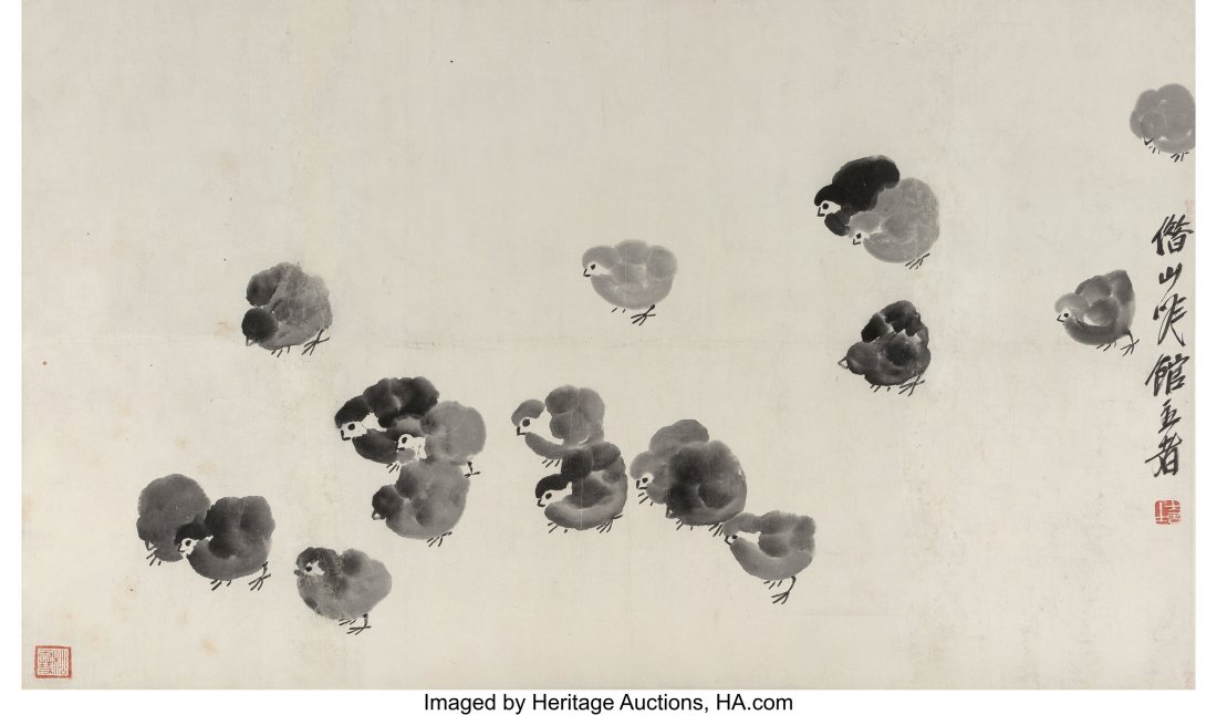 Qi Baishi (Chinese, 1864-1957) Chicks Ink on pap: Qi Baishi (Chinese, 1864-1957) Chicks Ink on paper 19-3/4 x 32 inches (50.2 x 81.3 cm) (work) 83 x 36-1/2 inches (210.8 x 92.7 cm) (overall) Two seals in red HID03101062020 © 2020 Heritage Auctio
