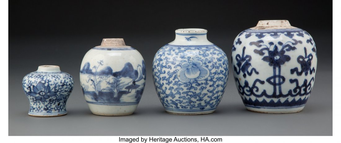 A Group of Four Chinese Blue and White Jarlets M: A Group of Four Chinese Blue and White Jarlets Marks to tallest: (double ring in underglaze blue) 4-3/4 x 4-1/2 inches (12.1 x 11.4 cm) (tallest) HID03101062020 © 2020 Heritage Auctions | All Rig