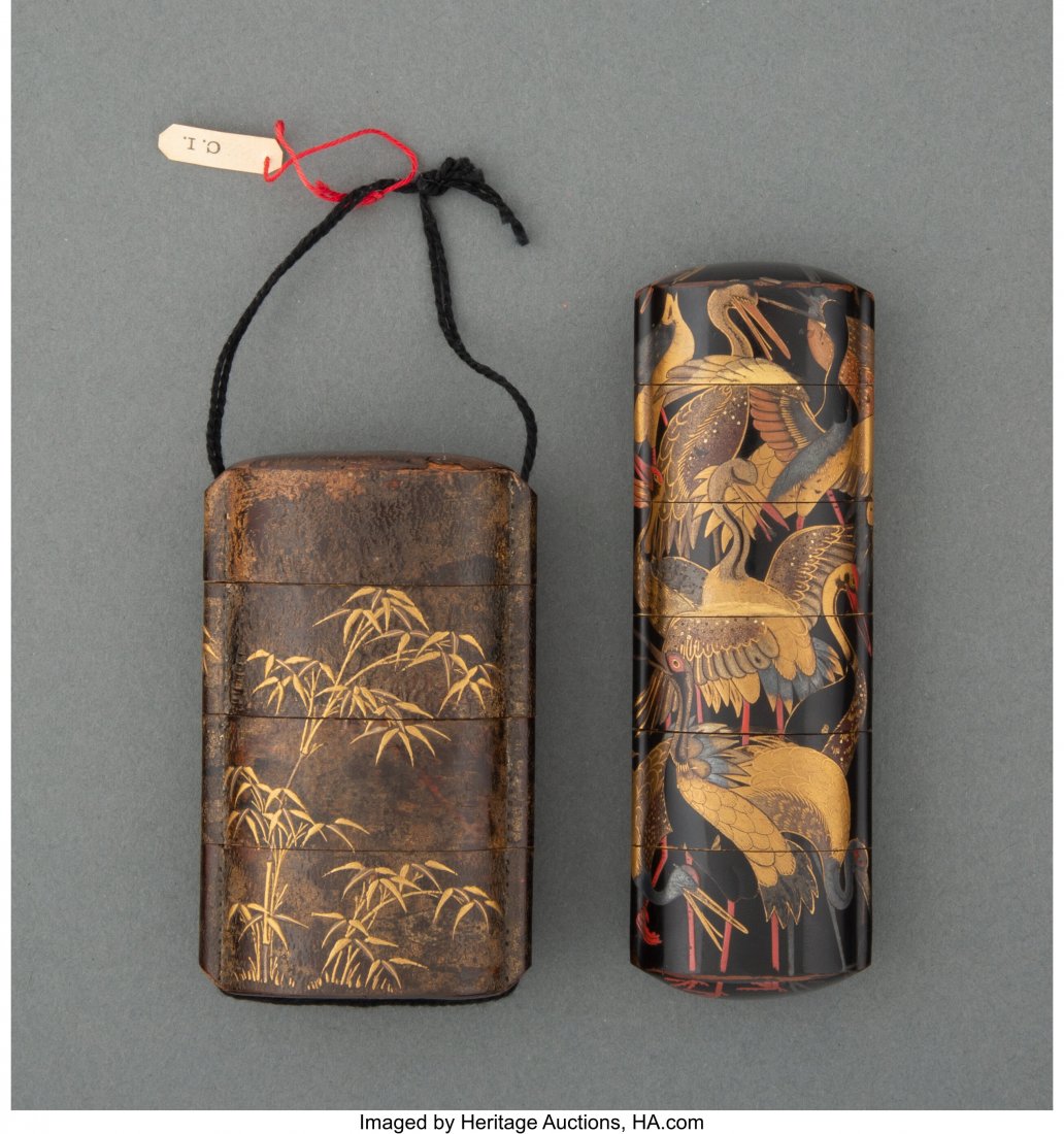 Two Japanese Lacquered Inro 4-1/2 x 1-1/2 x 1 in (1 of 2)