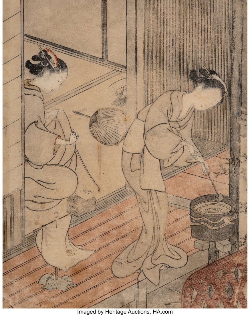 Suzuki Harunobu (Japanese, 1724-1770) Eight Parl: Suzuki Harunobu (Japanese, 1724-1770) Eight Parlor Views: Returning Sails of the Towel Rack, circa 1766 Woodblock print; ink and color on paper 10-1/4 x 8-1/8 inches (26.0 x 20.6 cm) HID03101062020 &c