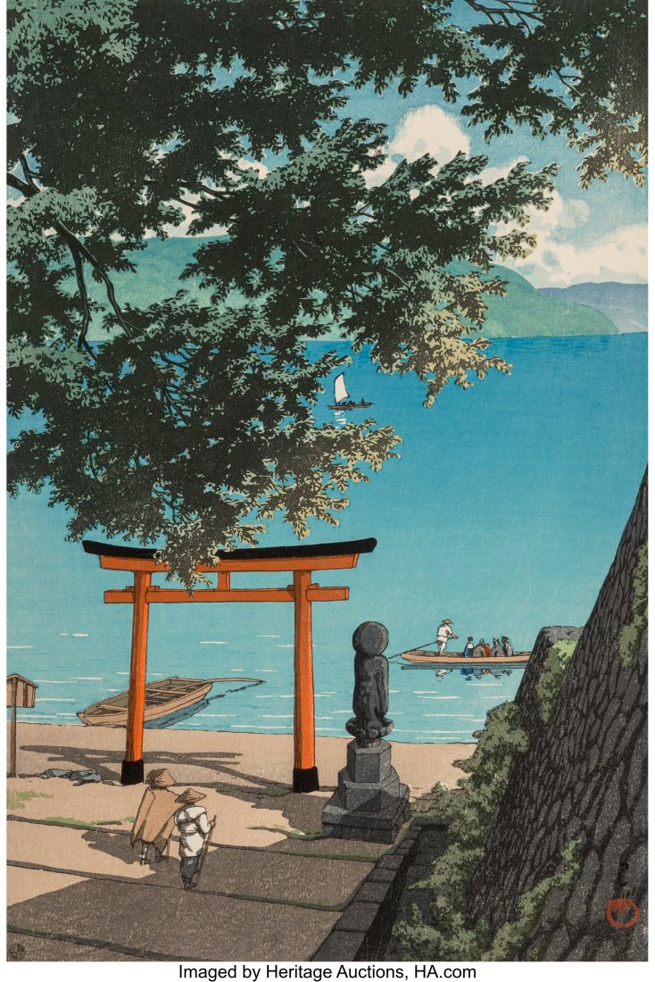 Hasui Kawase (Japanese, 1883-1957) Nikko Chuzenj: Hasui Kawase (Japanese, 1883-1957) Nikko Chuzenji Lake, Utagahama Woodblock on paper 15-1/2 x 10-1/2 inches (39.4 x 26.7 cm) Signed and with two seals Inscription to lower left margin Published by Wat