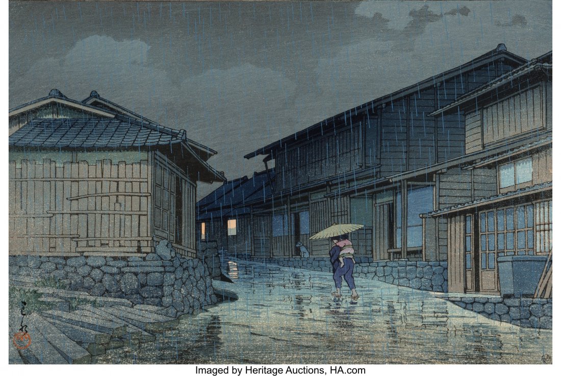 Hasui Kawase (Japanese, 1883-1957) Nissaka in Ra: Hasui Kawase (Japanese, 1883-1957) Nissaka in Rain Woodblock on paper 10-1/2 x 15-3/8 inches (26.7 x 39.1 cm) Signed and with two seals Inscription to left margin Published by Watanabe HID03101062020 