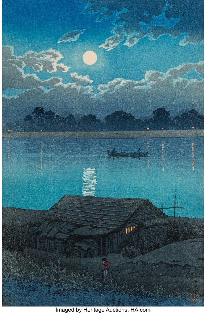 Hasui Kawase (Japanese, 1883-1957) Moonlight on : Hasui Kawase (Japanese, 1883-1957) Moonlight on Arakawa River Woodblock on paper 15-1/2 x 10-1/2 inches (39.4 x 26.7 cm) Signed and with two red seals Inscription to left margin Published by Watanabe 