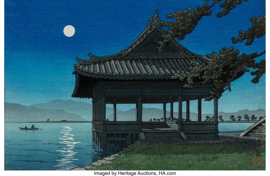 Hasui Kawase (Japanese, 1883-1957) Kankaikuka, c: Hasui Kawase (Japanese, 1883-1957) Kankaikuka, circa 1950 Woodblock on paper 10-3/8 x 15-1/2 inches (26.4 x 39.4 cm) Signed and with two red seals Inscription to left margin Published by Watanabe HID0