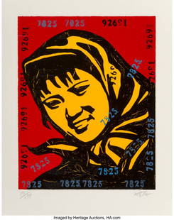 Wang Guangyi (b. 1957) Belief Girl No. 4, 2006 L: Wang Guangyi (b. 1957) Belief Girl No. 4, 2006 Lithograph in colors on paper 24-3/4 x 19-3/4 inches (62.9 x 50.2 cm) (sheet) Ed. 191/199 Signed and numbered in pencil along lower edge Published by Kwa