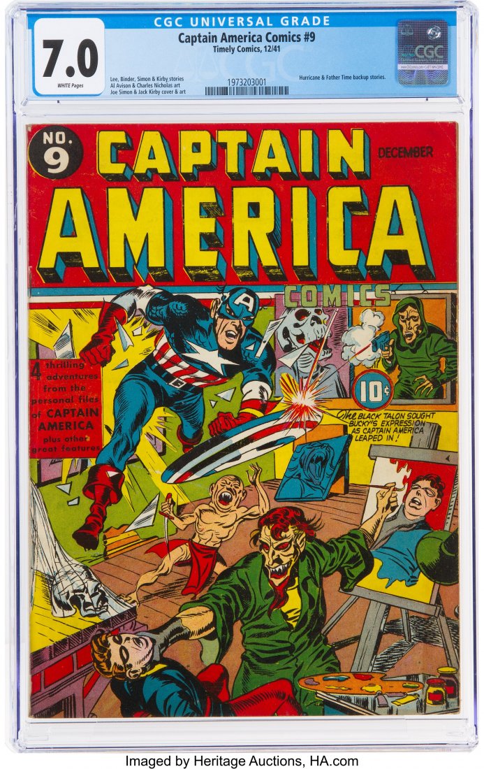 Captain America Comics #9 (Timely, 1941) CGC FN/: Captain America Comics #9 (Timely, 1941) CGC FN/VF 7.0 White pages. The skull cover, by Joe Simon and Jack Kirby, has Bucky in another tight spot, with the Black Talon as the evil object of Cap's focu