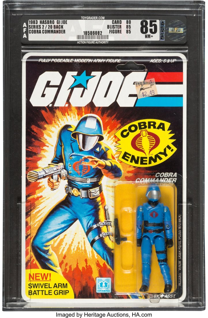 G.I. Joe Cobra Commander Series 2 - 20 Back Acti: G.I. Joe Cobra Commander Series 2 - 20 Back Action Figure (Hasbro, 1983) AFA 85 NM+. A Series 2 Cobra Commander action figure on a 20 Back, with the sub-grades C: 80, B: 85, F: 85. The 3.75" tall acti