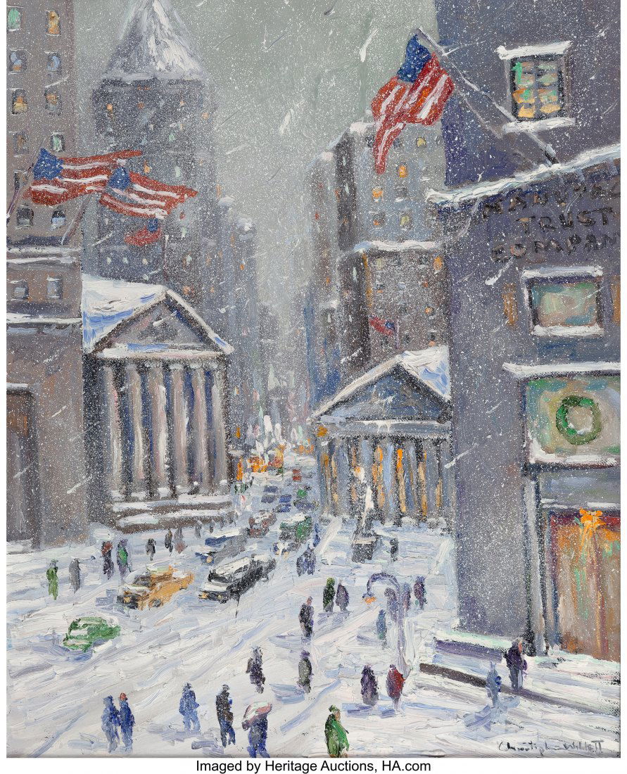 Christopher Willett (American, b. 1959) Wall Str: Christopher Willett (American, b. 1959) Wall Street and Broad N.Y.C. Oil on canvas 20 x 16 inches (50.8 x 40.6 cm) Signed lower right: Christoph Willett Signed, titled, and inscribed on the reverse: W
