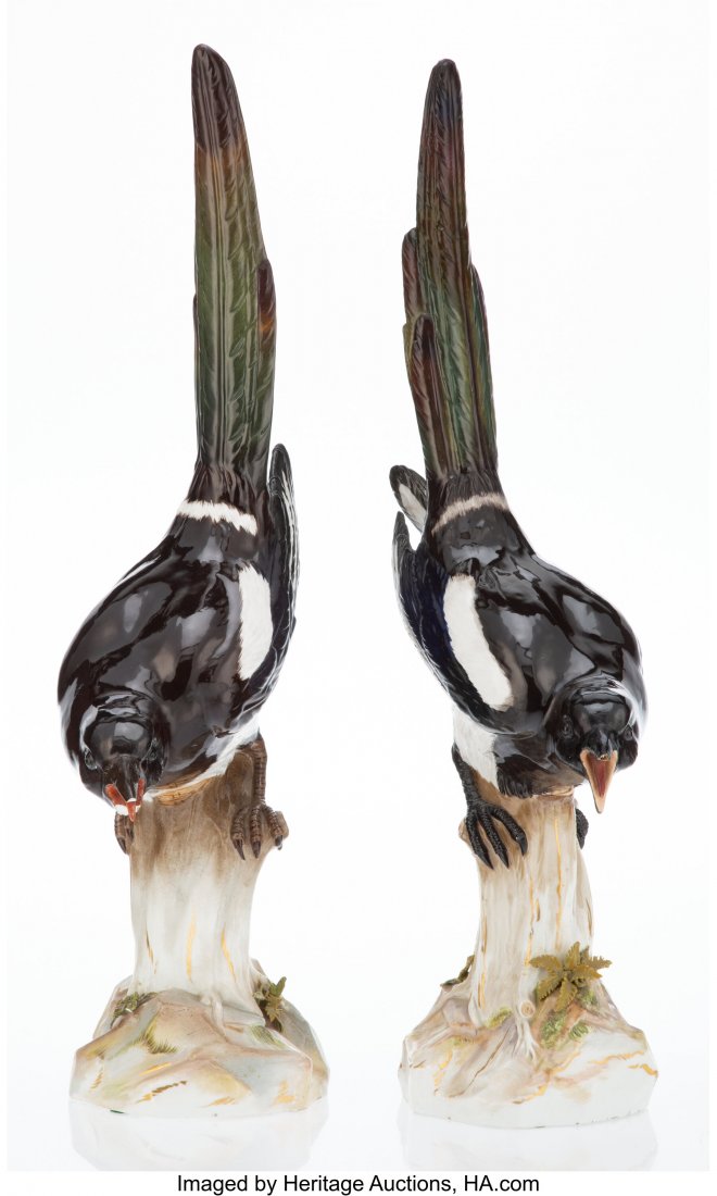 A Pair of Large Meissen Porcelain Magpie Bird Fi: A Pair of Large Meissen Porcelain Magpie Bird Figures After J.J. Kändler, Germany, late 19th century Marks: (crossed swords in underglaze blue), (various) 21-1/4 inches (54.0 cm) (each) HID031010