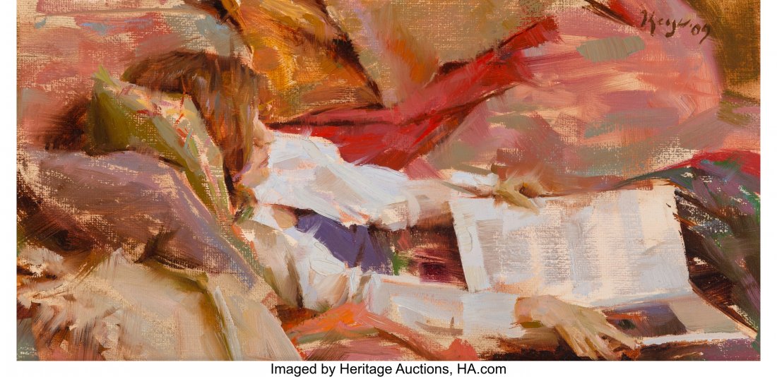Daniel J. Keys (American, b. 1985) Girl Loungin': Daniel J. Keys (American, b. 1985) Girl Loungin' with a Book, 2009 Oil on canvas 6 x 12 inches (15.2 x 30.5 cm) Signed and dated upper right: Keys 09 PROVENANCE: Greenhouse Gallery of Fine Art, San An