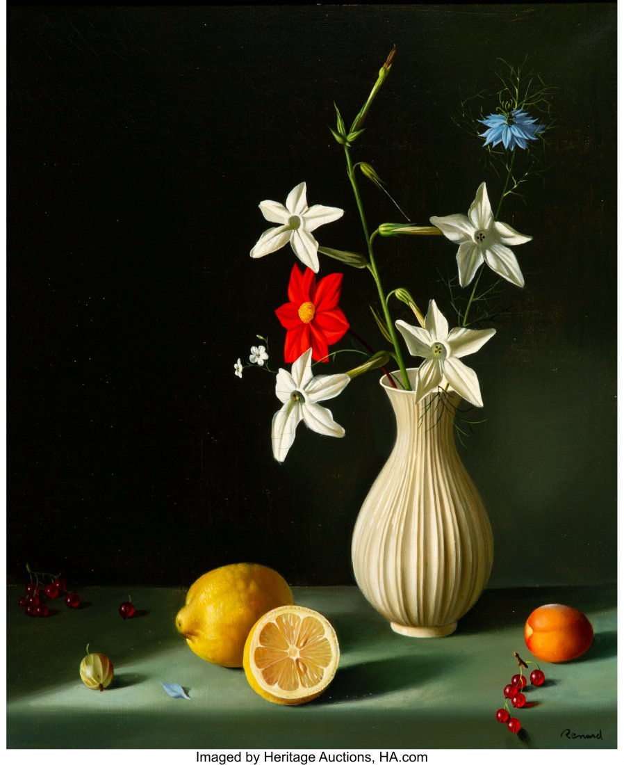 Fernand Renard (French, 1912-1990) Nicatine in w: Fernand Renard (French, 1912-1990) Nicatine in white vase Oil on canvas 18-1/4 x 15 inches (46.4 x 38.1 cm) Signed lower right: Renard PROVENANCE: Dalzell Hatfield Galleries, Los Angeles; Private Coll