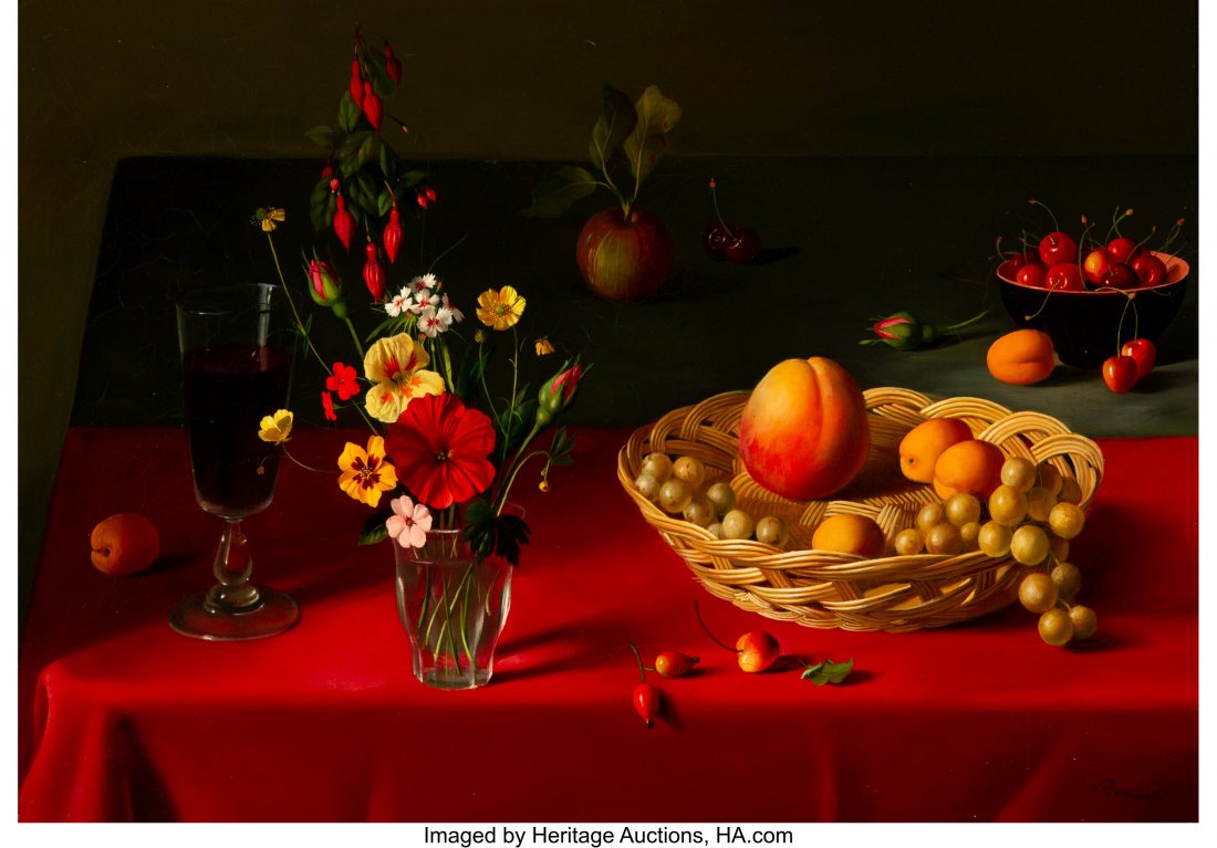 Fernand Renard (French, 1912-1990) Glass of wine: Fernand Renard (French, 1912-1990) Glass of wine with fruit and flowers Oil on canvas 18-1/2 x 26 inches (47.0 x 66.0 cm) Signed lower right: Renard PROVENANCE: Dalzell Hatfield Galleries, Los Angeles