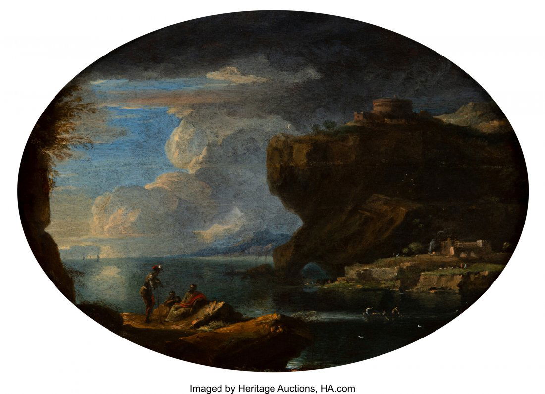 Italian School (19th Century) Castle on a seasid: Italian School (19th Century) Castle on a seaside cliff under a gathering storm Oil on panel, oval 11-1/8 x 16 inches (28.3 x 40.6 cm) Initials carved on verso: CED HID03101062020 © 2020 Heritage